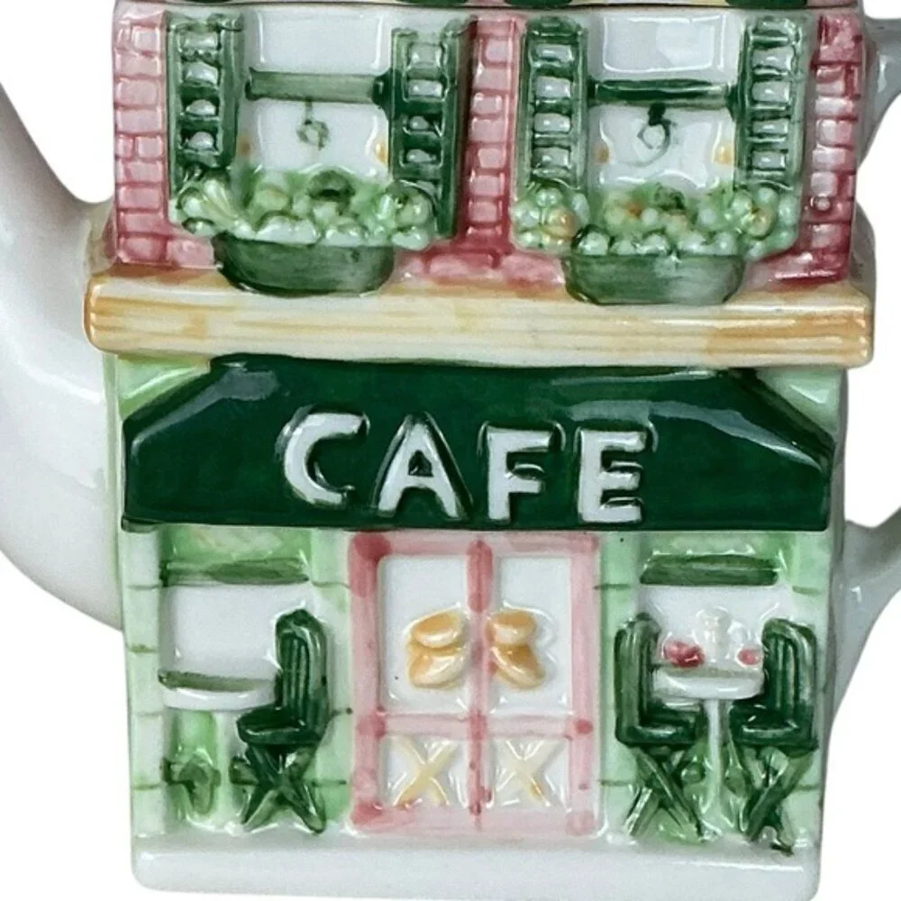 Vintage Main Street Cafe Store Front Ceramic Teapot Functional Art Collectible